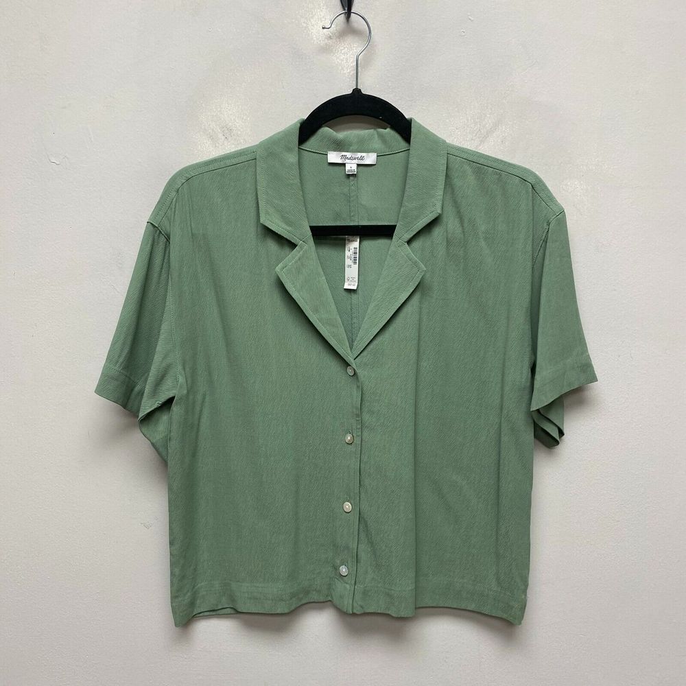 Madewell Womens Green Short Sleeve Lusterweave Button Front Resort Crop Shirt S